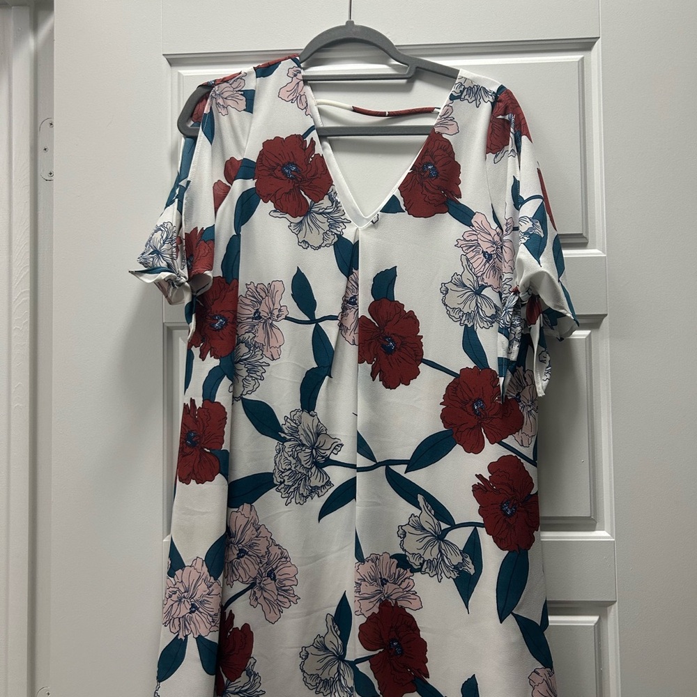 Floral V-Neck Dress with Red and Blue Accents